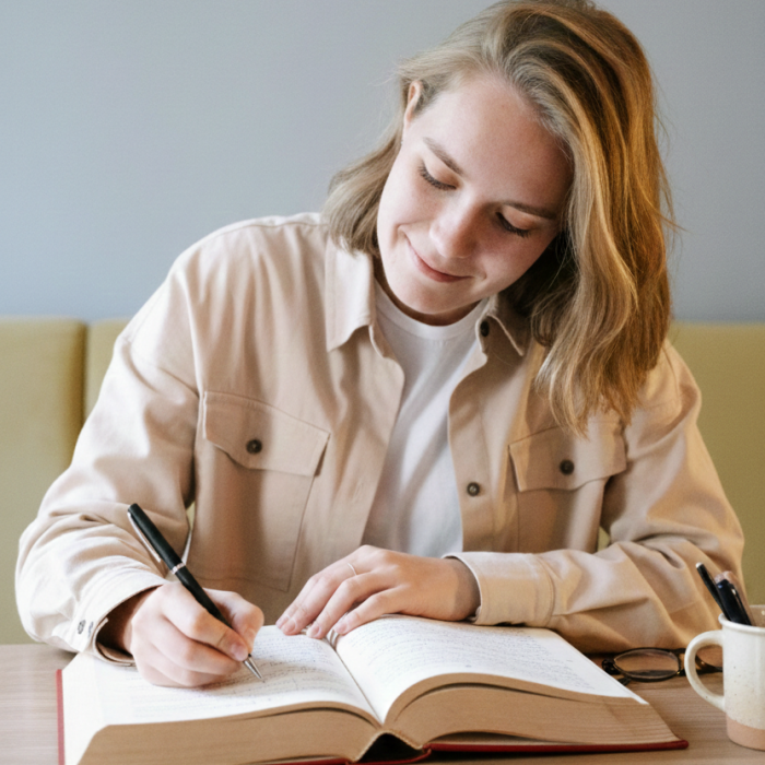 Person writing notes in a large open book at a table, wearing a beige shirt, bright and focused atmosphere