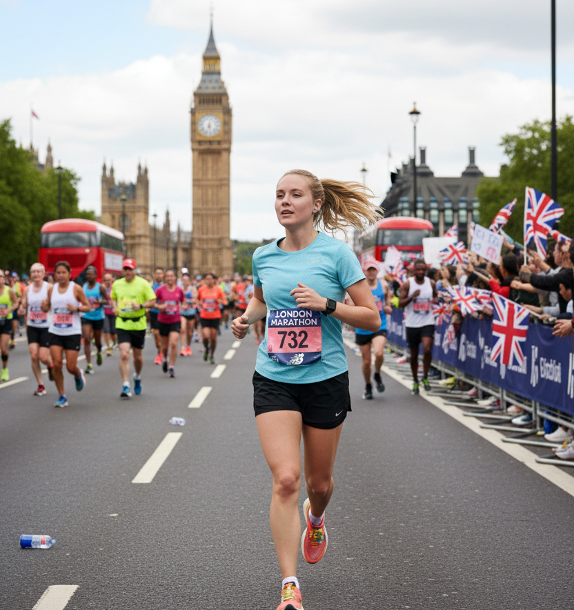 Woman runs London Marathon past Big Ben, crowds wave Union flags, buses behind on road