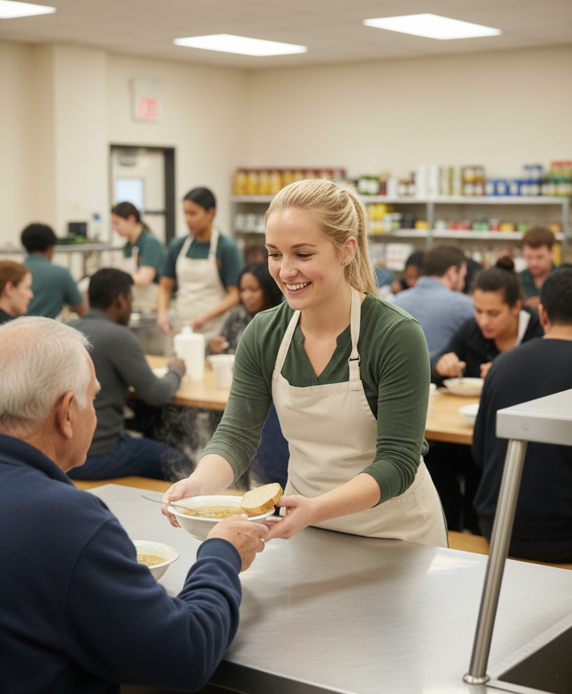 Smiling volunteer serves hot soup and bread to elderly man in busy community kitchen centre